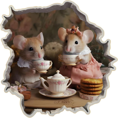 Tea Time Mice in Mouse Hole Decal - Mouse Hole 3D Wall Sticker Size 5.9x5.9 Inch, White, dfghu8896...