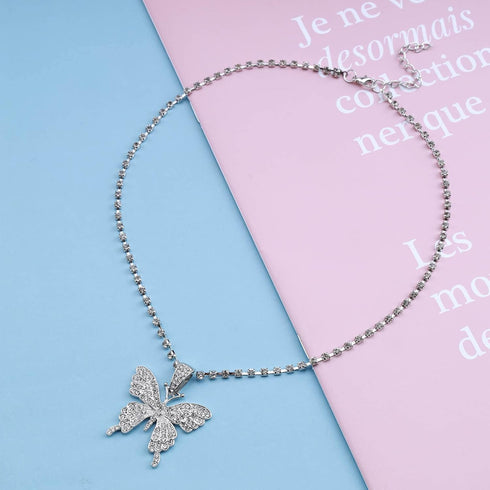 Crystal Large Butterfly Necklace Choker Silver CZ Tennis Chain Sparkly Butterfly Pendant Necklace Charm Bling Rhinestone Butterfly Prom Necklace J...