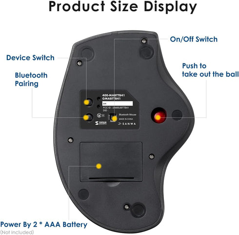SANWA Bluetooth Wireless Ergonomic Trackball Mouse, Optical Rollerball Mice, Programmable Silent Buttons, 40mm Trackball, 600/800/1200/1600 DPI, C...
