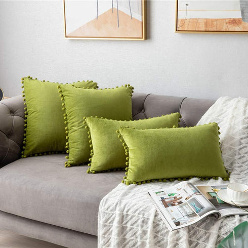 DEZENE Couch Pillow Cases 12x20 Chartreuse: 2 Pack Cozy Soft Pom-poms Velvet Rectangular Throw Pillow Covers for Farmhouse Home Decor...
