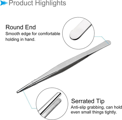 Tweezers, 200mm Length, Stainless Steel Straight Blunt Serrated Tip Tweezer - (Applications: for Mechanical Equipment Product Repair), 4-Pieces...