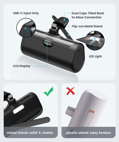 Small Portable Charger for iPhone, 5000mAh Mini Battery Pack with Builtin Metal Stand, MFi Certified Compact Power Bank with LCD Display & LED Lig...