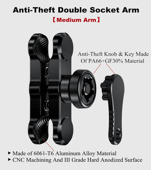BRCOVAN Anti-Theft Aluminum Alloy Double Socket Arm Compatible with RAM Mounts B Size 1'' Ball Mounting Base & Bike Motorcycle Phone Holder (Mediu...