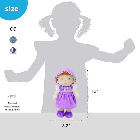 June Garden 12" Soft Dolly Laura - Stuffed Soft Baby Doll Gift for 1 2 3 Year Old Girls - Purple Dress...