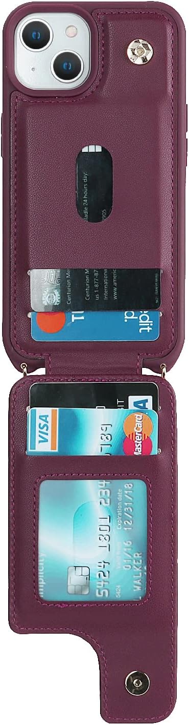 for iPhone 15 Case with Card Holder and Strap for Women,Crossbody Lanyard,Stand Ring Kickstand,Snap Clasp,Phone Wallet Cases 6.1 inch(Wine Red)......