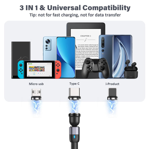 Magnetic Charging Cable 4 Pack (3.3ft/6.6ft/6.6ft/10ft), 540 Degree Rotating Magnetic Phone Charger Cable, 3 in 1 Nylon Braided Magnetic USB Cable...