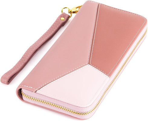 Wallet for Women - Large Faux Leather Women's Zipper Wristlet Wallet with Detachable Strap - Long Clutch Wallet with Cell Phone Pocket (Pink Red)...