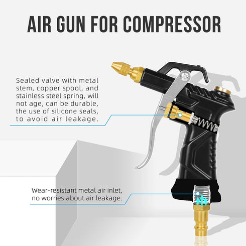 Industrial Air Blow Gun, with Brass Adjustable Air Nozzle and 3 Air Flow Extension, and 6 Sealing Rings, Pneumatic Tools Air Compressor Accessorie...