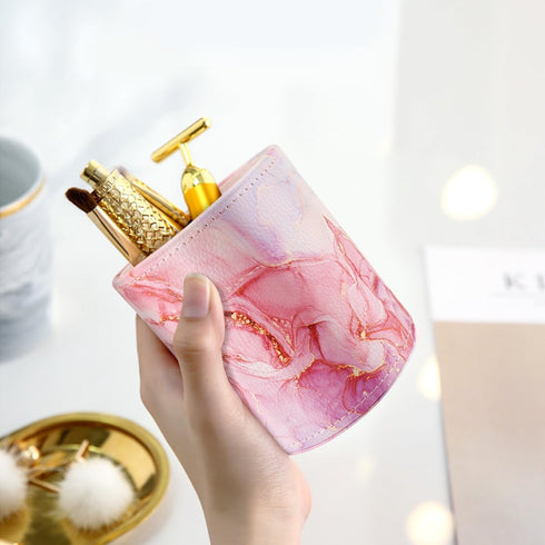 WAVEYU Pen Holder for Women Girls, Pencil Cup Pink Desk Decor, Makeup Brush Holder Large Pu Leather Multi-Functional Organizer Cup for Office, Cla...