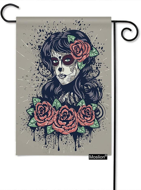 Moslion Sugar Skull Garden Flag Vertical Double Sided Gothic Lady with Day of The Dead Makeup and Blooming Red Roses House Flags Home Burlap Banne...