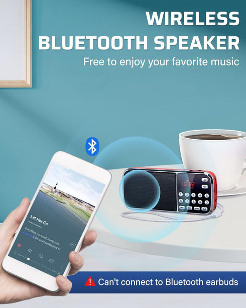 PRUNUS J-189 Bluetooth AM FM Radio, Small Portable Radio - Dual Speaker Heavy Bass, LED Flashlight, Pocket Size, TF Card USB AUX MP3 Player, Recha...