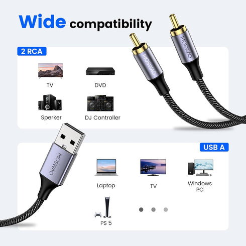 MOSWAG USB to RCA Cable, USB to Dual RCA Stereo Y Splitter Cord Jack Adapter, Nylon Braided USB to RCA Stereo Audio Converter Compatible with Lapt...