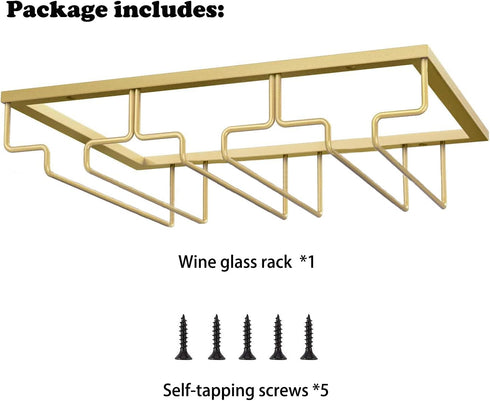 Wine Glass Rack, Under Cabinet Stemware Wine Glass Holder, Wine Glasses Storage Hanger Metal Organizer for Cabinet Kitchen Bar (Gold, 3 Rows 1 Pac...