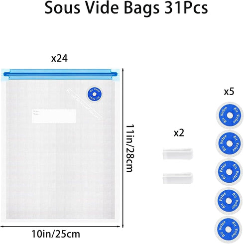 Sous Vide Bags 31Pcs, Reusable BPA Free Vacuum Sealer Bags (11 * 10 in) Vacuum Food Storage Bags for Cooking/Food Storage/Microwave Heating - 24Pc...
