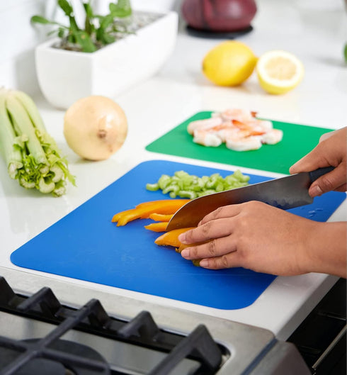 4pc Cutting Boards Flexible Plastic Color Coded Mats Food Icons Meat Vegetable Fish Chicken Chopping Small Busy Kitchen Countertops Catering Thank...