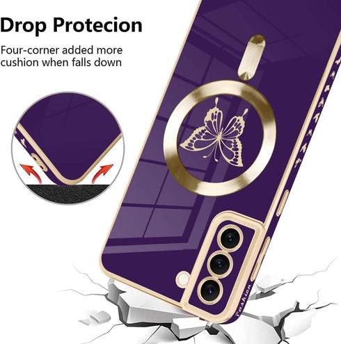 Fiyart Designed for Samsung S21 Compatible with Magnetic Wireless Charging,Cute Butterfly Phone Case with Camera Lens Protection for Women Girls M...