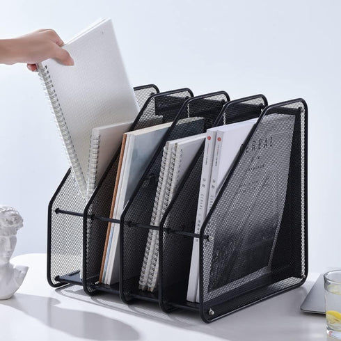 Efficient Mesh Vertical Desktop File Organizer - 4-Slot Document Sorter & Holder Rack for Office, Home, & School Supplies Organization...
