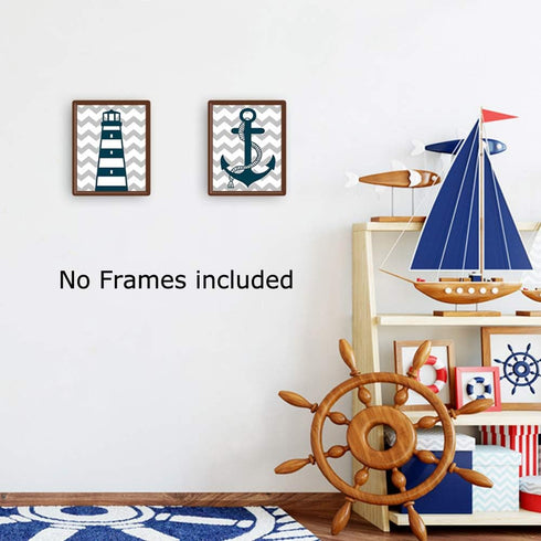 HPNIUB Blue Nautical Art Print Set Of 3 (8”X10”) Lighthouse Steering Wheel Anchor Navigation Print For Baby Boy, Nautical Themed Canvas Wall Art, ...