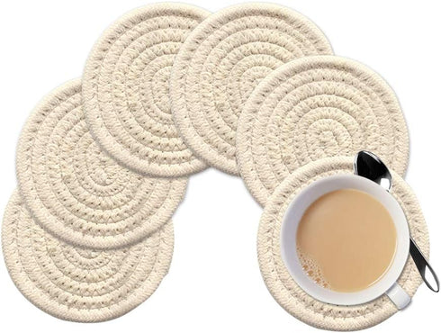Gracelife 6pcs Cup Mat Pure Cotton Thread Weave Round Drink Hot Pads Mats Set Absorbent Scald-proof Drink Coasters (Beige)...