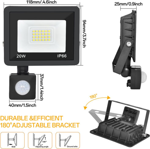 Motion Sensor Flood Light Outdoor, 20W Plug in Motion Sensor Light with 4.9ft Cord, IP66 Waterproof Floodlights with Photocell 6000K Super Bright ...