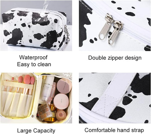 Veki 3 Pieces Set Makeup Bag Waterproof Cosmetic Bag Small Makeup Bags Organizer for Women and Girls with Milk Cow Animal Portable Toiletry Bag Mi...