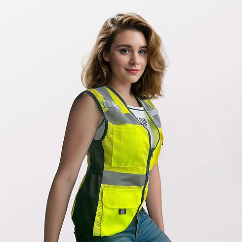 Reflective Vest for Women, Mesh Womens Safety Vest with 11 Pockets and Zipper, Hi Vis Neon Construction Work Vest for Lady Surveyors/Workers, Snug...