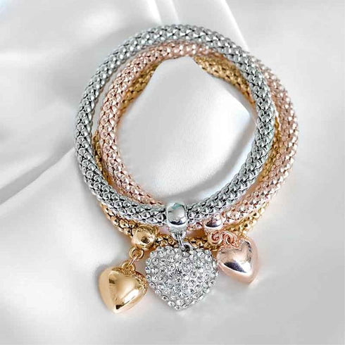 Crystal Charms Multilayer Bracelets - 3PCS Gold/Silver/Rose Gold Corn Chain Bracelet for Women, Tree of Life Heart Shaped Stretch Bracelet...
