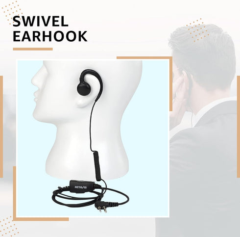 Retevis Swivel Two Way Radio Headset with Mic 2 Pin,Coil Tube,Compatible with Motorola CP100D CP185 CP200 CP200D GP300 GP2000 BRP40 HYT TC610 Walk...