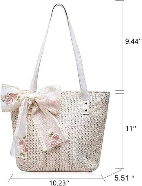Women Large Straw Beach Tote Bag Summer Hand-woven Bags Shoulder Bag Leather Handle Beach Handbags with Cute Lace Bow Small (White)...