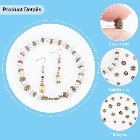 PH PandaHall 540pcs 18 Styles Spacer Beads, Antique Bronze Tibetan Alloy Jewelry Beads Bicone Flower Metal Spacers for Bracelet Necklace Jewelry M...
