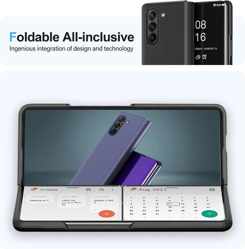 Cases for Samsung Galaxy Z Fold 4 5G Leather Case Clear View Makeup Mirror Flip Cover, Galaxy Z Fold 4 5G Phone Case with Kickstand Shockproof Pro...