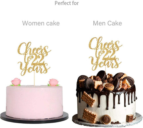 Gold Glitter Cheers to 22 years cake topper, Gold Happy 22nd Birthday Cake Topper, Birthday Party Decorations, Supplies...