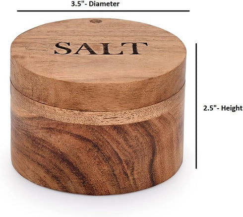 Acacia Wood Round Condiment Pot with Magnetic Swivel Lids for Kitchen Countertop "Salt" Engraved on Lid (3.5” x 3.5” x 2.5”)...