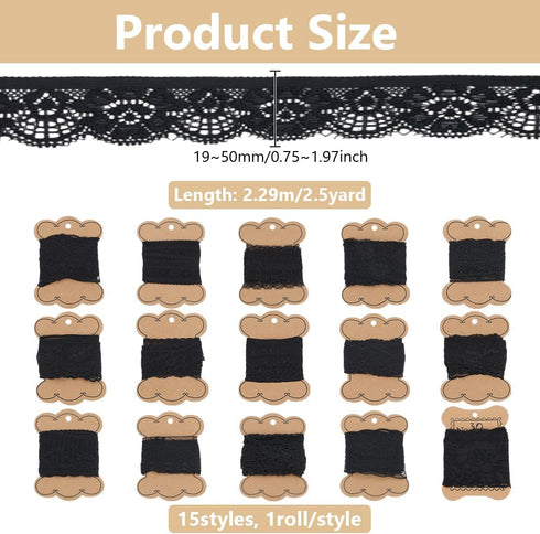 BENECREAT 37.5 Yards 15 Rolls Mixed Black Floral Pattern Fabric Lace Ribbon for Wedding Invitation, Cards, Decorating, Sewing, Hair Bow Making, Gi...