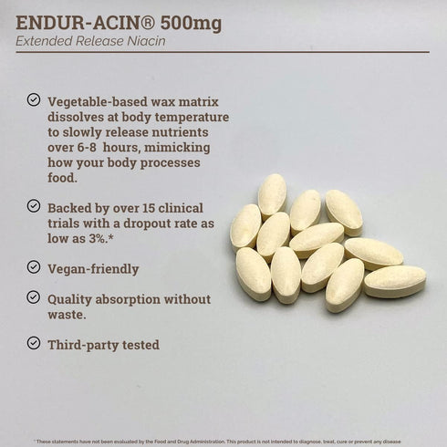 ENDUR-ACIN Niacin - Vitamin B3 Niacin 500mg Extended Release & Low-Flush, 100 Tablets - Supports Cholesterol Balance & Heart Health...