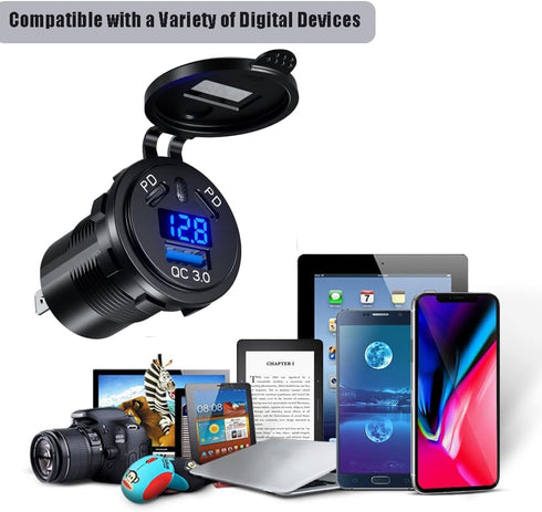 GemCoo 12V USB C Charge Socket, Dual 45W PD 18W QC3.0 12V USB Car Charge Outlet with Switch Voltmeter, Waterproof Fast Car Charger for for Car Boa...