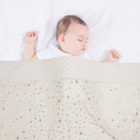 Baby Blanket for Boys Girls Soft Minky with Double Layer Dotted Backing, Star and Moon Printed 30 x 40 Inch Receiving Blanket (Beige)...