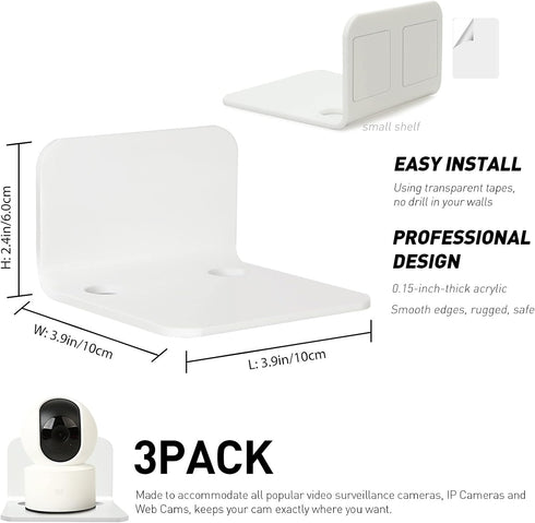 OAPRIRE White Floating Wall Shelves Set of 3 for Security Cameras, Baby Monitors, Speakers & More - Universal Acrylic Small Wall Shelf with Cable ...