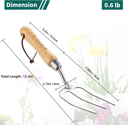 Berry&Bird Gardening Hand Fork, Stainless Steel Hand Weed Fork, Traditional Garden Hand Fork Tool with Ergonomic Ash Wood Handle for Weeding, Digg...