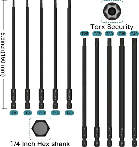 6" Long Torx Bit Set, LATTOOK Security Tamper Proof Star Torx Bit Set, Magnetic S2 Steel, T8 T9 T10 T15 T20 T25 T27 T30 T35 T40...