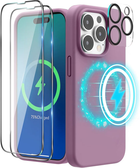 SURPHY (4 in 1 Designed for iPhone 14 Pro Case (6.1 inch, 2022), with 2 Pack Screen Protector + Camera Cover, Liquid Silicone Phone Case (Lilac Pu...