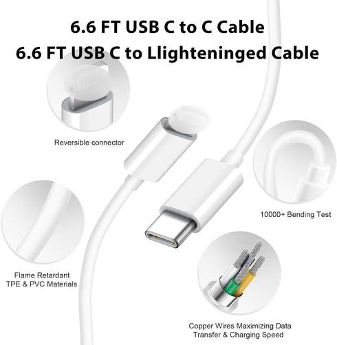 65W USB C Dual Port Fast Wall Charger Block, Car Charger Fast Charging + 2pcs 6.6FT Cable + 60W Dual USB C Car Lighter Charger for iPhone 15/15 Pl...