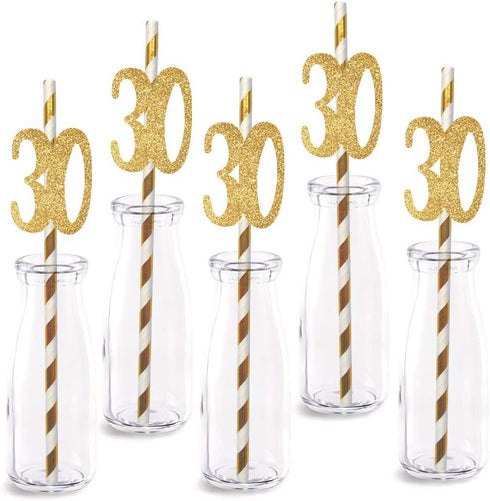 30th Birthday Paper Straw Decor, 24-Pack Real Gold Glitter Cut-Out Numbers Happy 30 Years Party Decorative Straws...