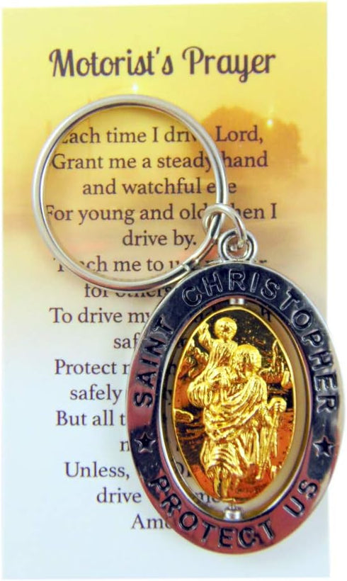 St Christopher Metal Keychain Travel Saint Key Ring with Motorist Prayer Holy Card Set...