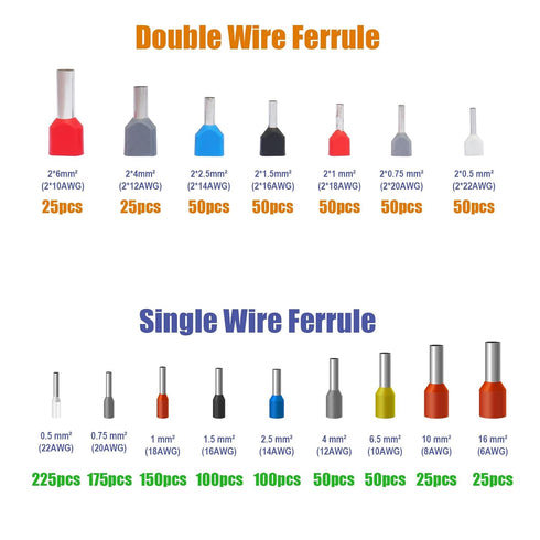 Wire Ferrule Kit,1200pcs Single and Dual Barrel Ferrules Terminal Set, Twin Ferrule Connectors Wire Ends Terminals Pins, AWG10~22 Single-Line Ferr...