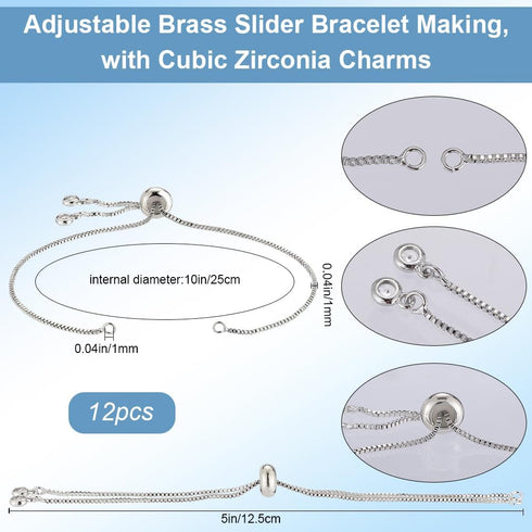 1 Box 12Pcs 9.84 Inch Adjustable Slider Bracelet Chain Slider Chain Bracelets Extender Chains with Rhinestone Brass Slider Bracelets Findings for ...