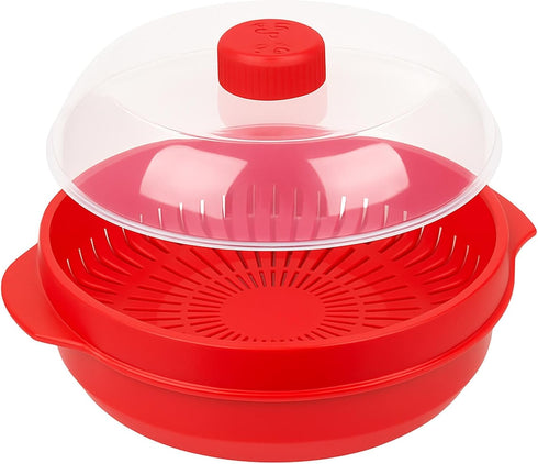 Microwave Steamer for Vegetables, Fish, Poultry & Rice – BPA-Free Healthy Oil-Free Cooking Container – Red – Dishwasher & Freezer Safe...
