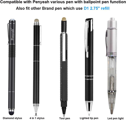 Penyeah D1/ 2.75" Ballpoint Pen Refills 4-in-1 Stylus/Diamond Stylus/Lighted Tip Pen/Led Pen Light or Other Brands,0.7mm Fine Point (Pack of 12, B...
