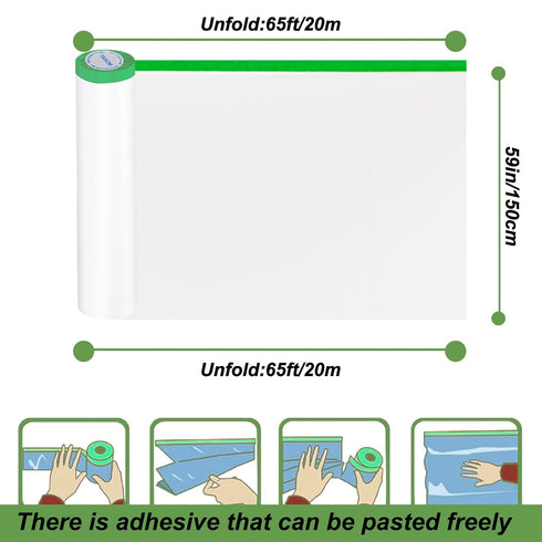 Pre-Taped Drop Film, Pre-Taped Masking Film, 59'' x 65ft Updated Tape and Drape - Optimal for Various Painting Projects, Interior Coating, Coverin...