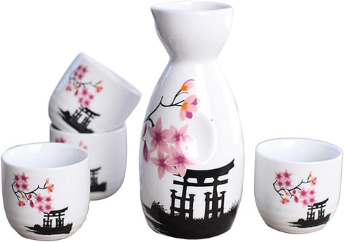 Tosnail 5 Pieces Ceramic Japanese Sake Set, 1 Serving Carafe and 4 Cups - Pink Sakura...